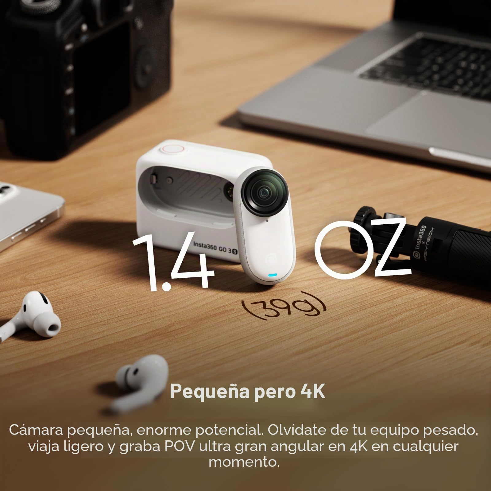 Insta360 GO 3S Paquete POV para Ciclismo Blanco (128 GB) - Cámara Vlogging 4K, POV Manos Libres, Móntala Donde Quieras, Estabilización, 140 Min de batería, Impermeable 10 M, Edición IA, Apple Find My