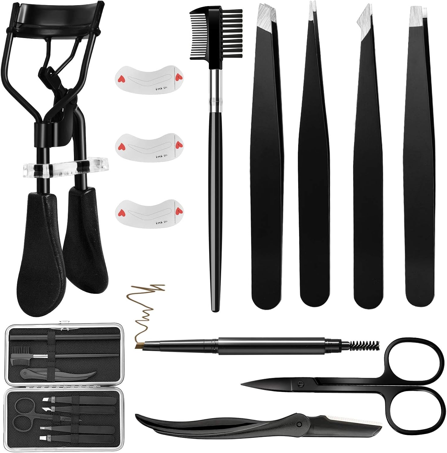 13Pcs Eyebrow Kit with Eyelash Curler, Eyebrow Grooming Trimming Kit with Eyebrow Razor Comb Scissors Tweezers Pen Stencil Shaper for Women