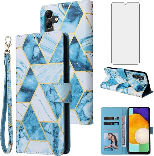 Asuwish Compatible con Samsung Galaxy A14 5G - Funda tipo cartera y protector de pantalla de vidrio templado, soporte para tarjetas de cuero,