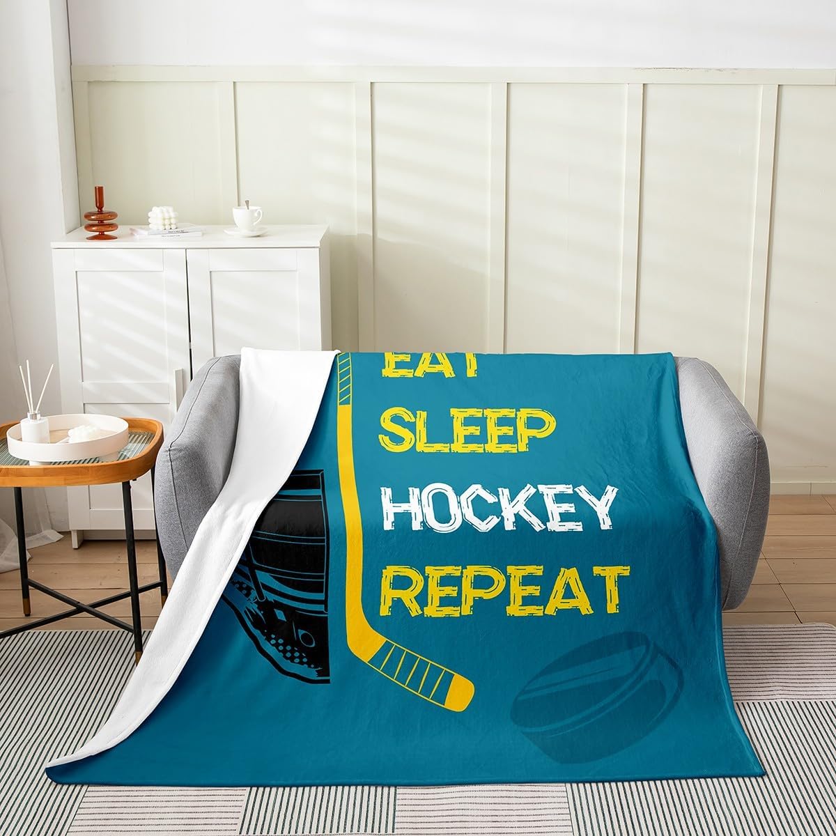 Erosebridal Queen 90x90 inch Ice Hockey Throw Blanket for Men,Eat Sleep Hockey Fleece Blanket,Blue Hockey Flannel Blanket,Grunge Winter Sports Game Bed Blanket for Bedroom