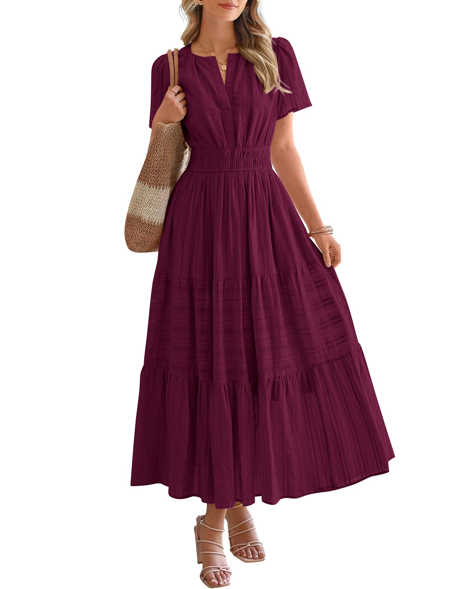 Photo 1 of BTFBM Womens Summer 2026 Casual Midi Maxi Dresses Lightweight Short Sleeve V Neck Elastic Waist Boho Beach Dress Pockets(Wine Red, X-Large)