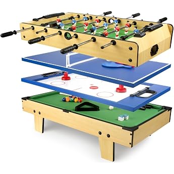 leomark multigame mobile wooden game table - 4-in-1 table football billiards hockey table tennis with accessories for multiplayer fun