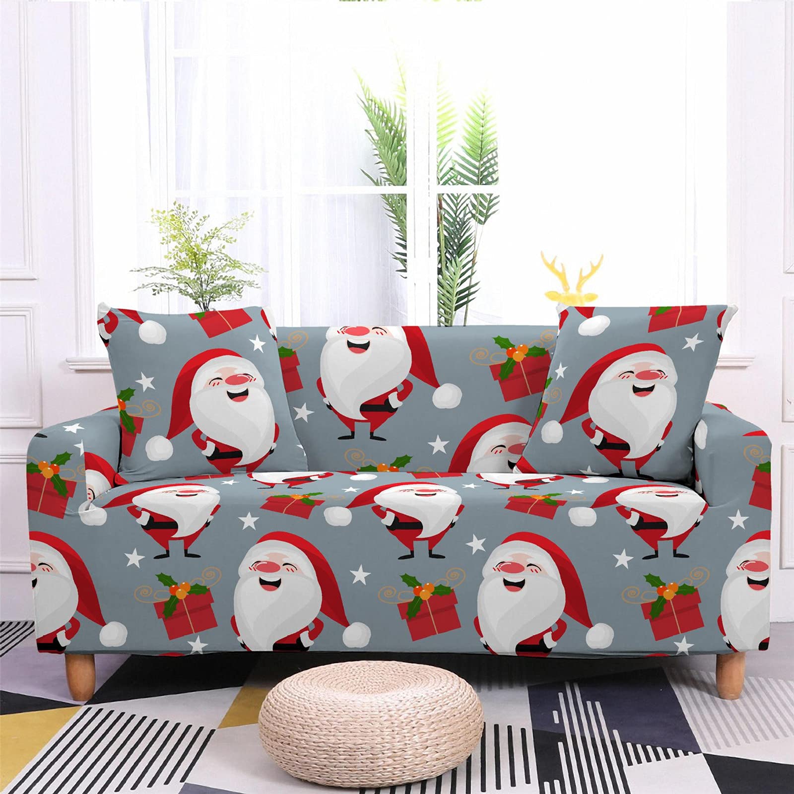 Navidad Funda de Sofá Elástica para Sofá de 1 2 3 4 plazas, 3D Impresión Universal Antideslizante Cubierta de Sofá Cubre Sofá Funda Furniture Protector (Gris,3 plazas)