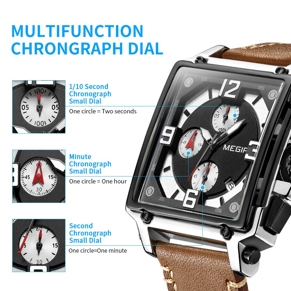 MEGIR ML2061G - Orologio da uomo analogico al quarzo, con cinturino in pelle alla moda, stile militare, cronografo, luminoso, per sport e lavoro