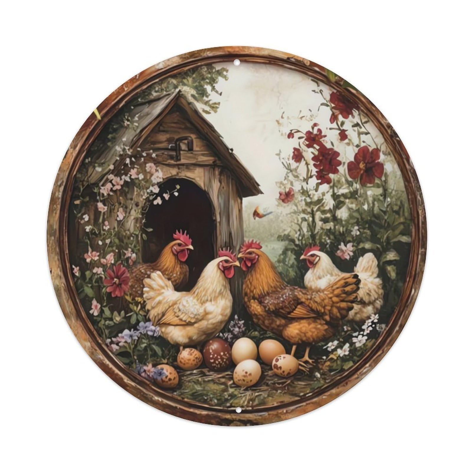 Vintage Chicken Coop Floral Farm Round Decor Sign Vintage Aluminium Metal Sign, Retro Wall Decor for Home, Bar, Garage & Farmhouse 20x20cm