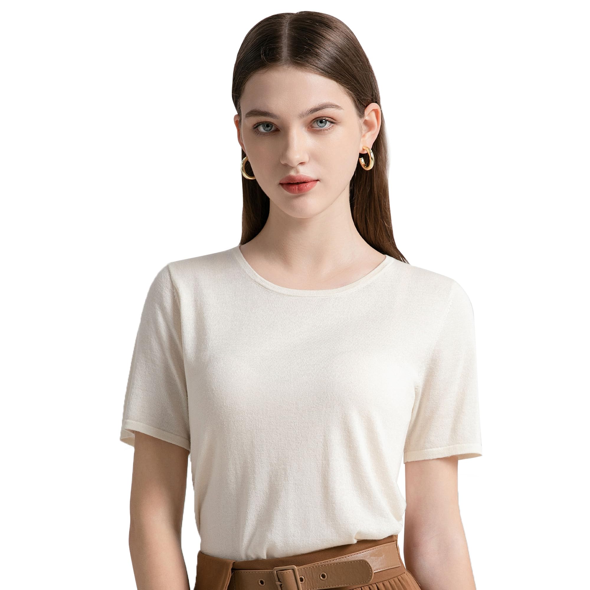GreenMount Women's Silk Cashmere Round Neck T-Shirt Stretchy Basic Tee Summer Tops for Women