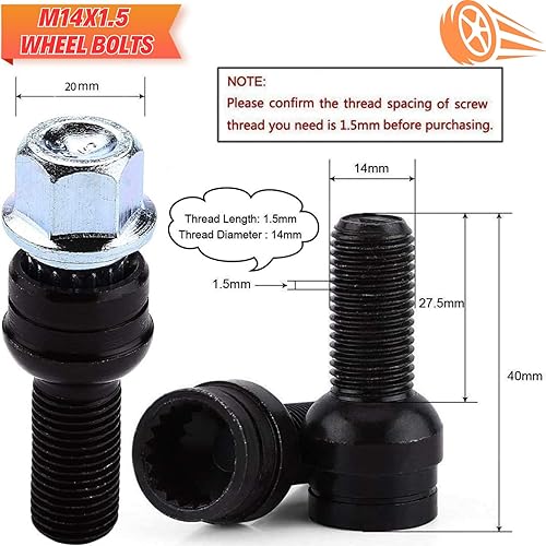 Miniatura 4 de Tornillos de rueda de bloqueo M14 x 1.5 con llave de bloqueo para BMW, Volkswagen (VW) Golf Jetta Beetle Passat Audi, acero sólido, negro, juego de 5