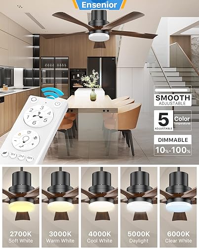 Miniatura 3 de Ensenior Ventilador de techo de 52 pulgadas con control remoto de luz 5CCT seleccionable regulable 1000 lúmenes LED de 15 W 5 cuchillas de madera y