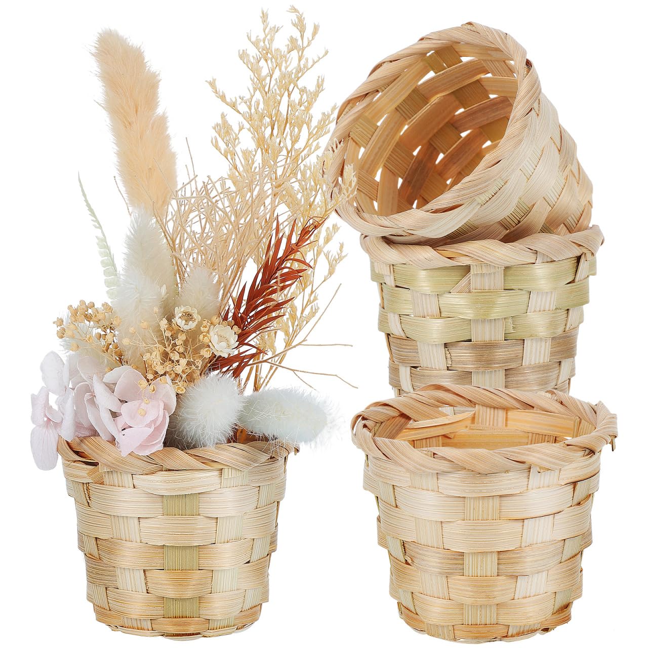 4pcs Mini Rattan Korb Geflochtener Blumenkorb Kleiner Wicker Basket Gewebte Korb Miniatur Henkelkorb Weidenkorb Kinder Körbchen Party-Dekoration