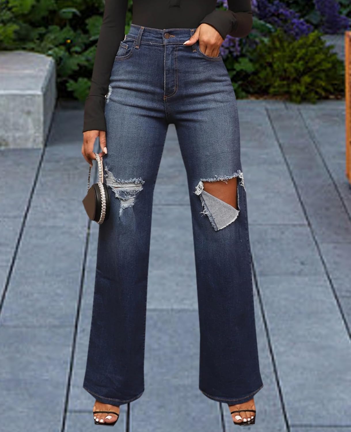 Skinny Bell Bottom Jeans for Women High Waisted Elastic Ripped Hole Flare Jeans Classic Denim Pants - Image 3
