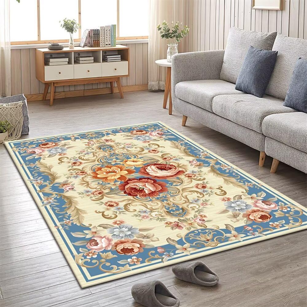 Tapis de sol salon lavable bleu 150x200cm à motif floral