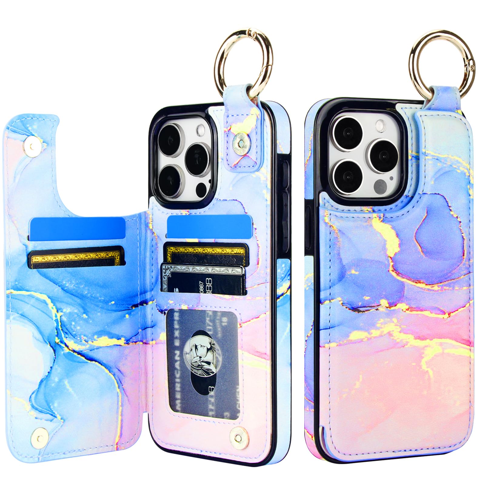 HAOPINSH for iPhone 15 Pro Max Wallet Case with Card Holder, Pink Blue Marble Print Back Flip Folio PU Leather Kickstand Card Slots Case, Finger Grip