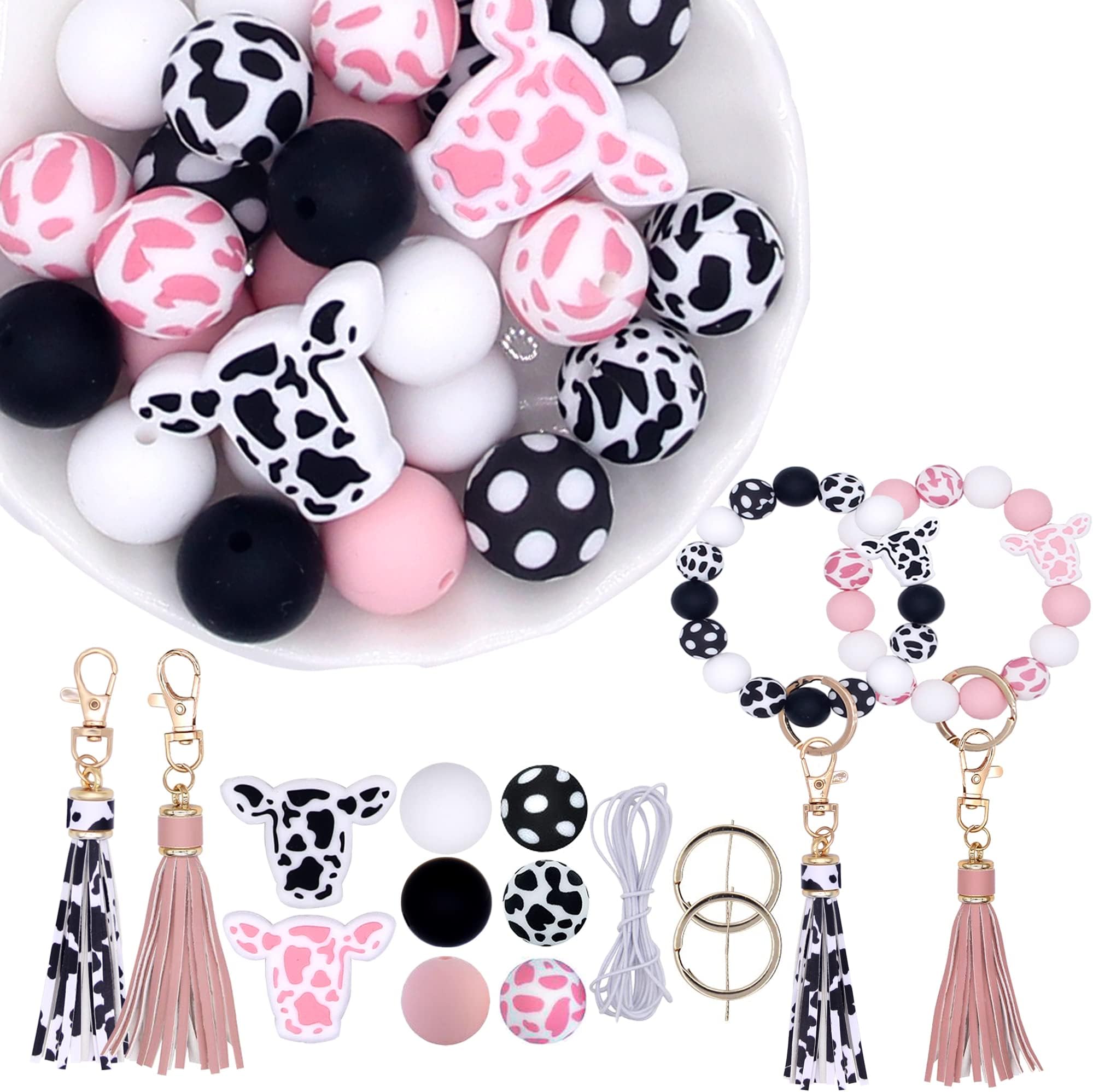 KJMYYXGS Cow Silicone Beads for Keychain Making, 15mm Silicone Beads Bulk Cow Print Silicone Beads with Tassel for Keychain Making(Cow1)
