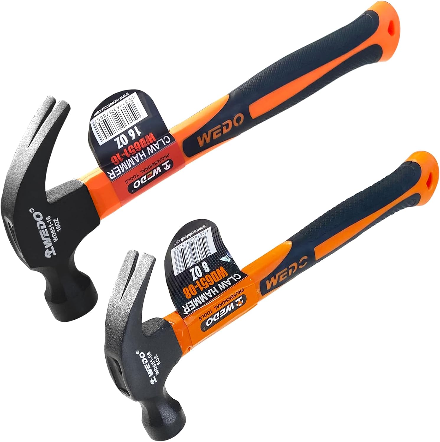 WEDO 4PCS Claw Hammer Set 16oz, Straight Claw Hammer, High Carbon Steel Framing Hammer with Fiberglass Handle for Prying Nails, Construction, Gardening,Yard Work, Repairing,Length 320mm