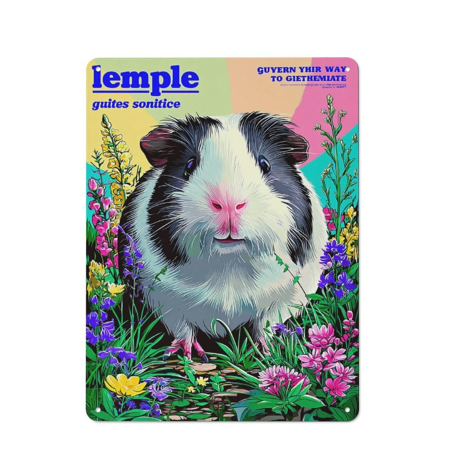 Junmoney Guinea Pig In A Field Of Flowers Country Metal Sign With Design 40X30cm, Farmhouse Farmhouse Wall Decor For Kitchen, Cottage, Porch Or Garden Room