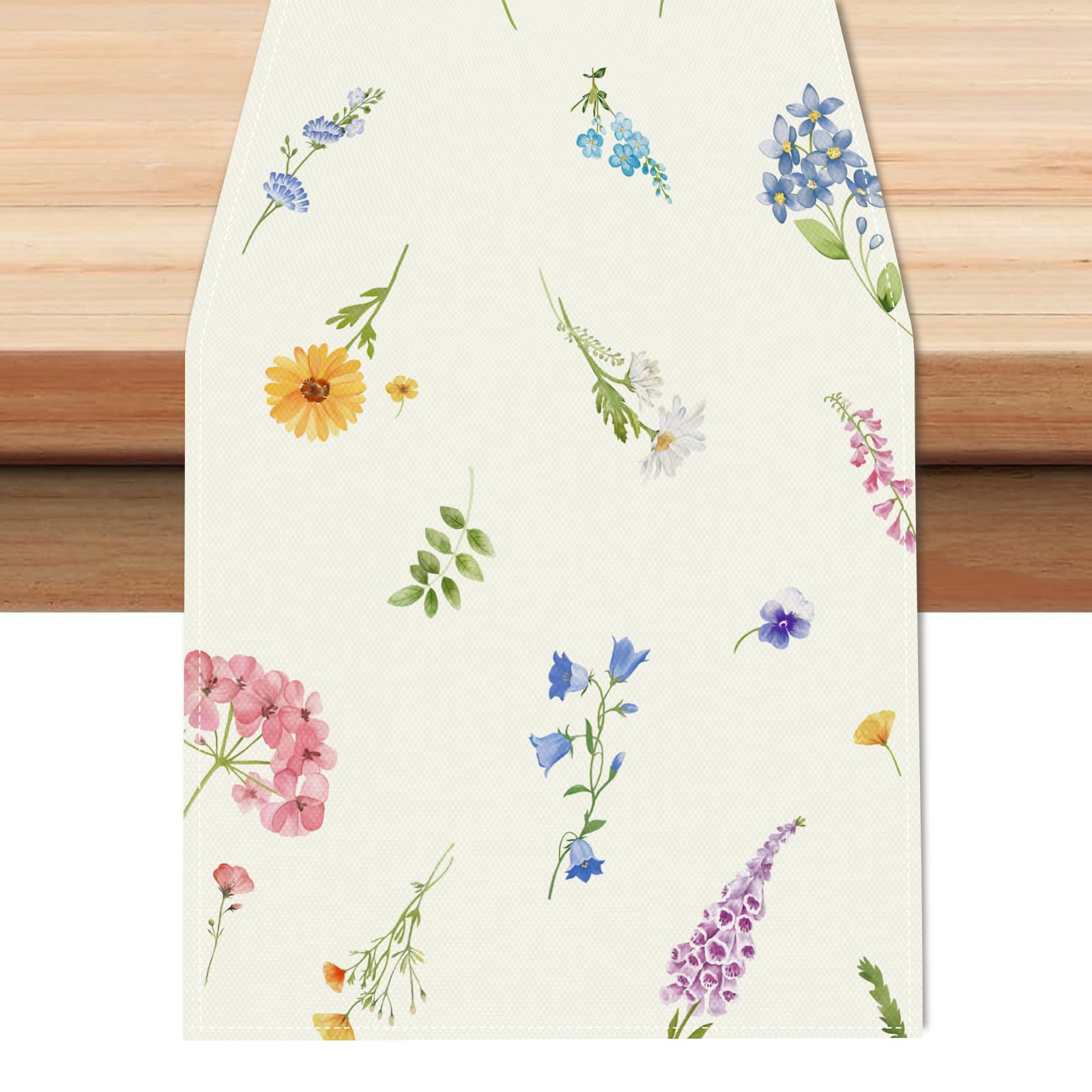 Bonhause Spring Floral Table Runner 13x90 Inch Blue Pink Purple Wildflowers Plants Seasonal Summer Kitchen Dining Table Decoration for Indoor Outdoor