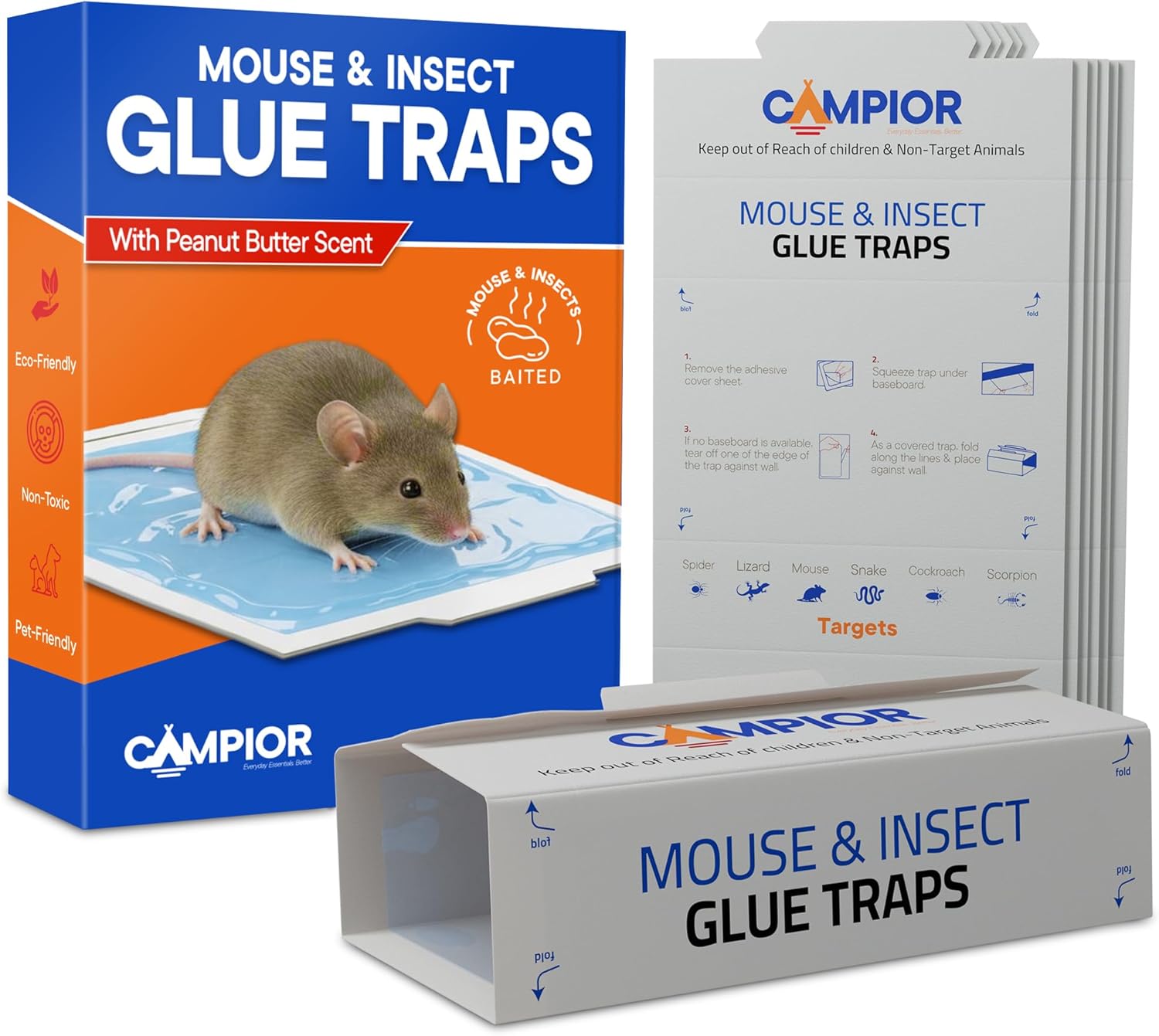 Campior Glue Traps [36 Pack] Pre-Baited Mouse Traps - Ultra-Adhesive Glue Boards for Rodents/Mice, Rats/Snakes/Lizards/Insects - Safe Non-Toxic Sticky Mouse Traps Indoors for Home Office, Garage.