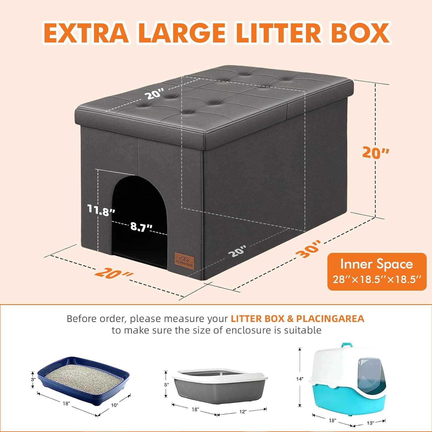 cat litter box enclosure furniture for odor control, hidden cabinet cat litter box furniture ottoman with flip-up lid,cats litter box bench with storage space, dog proof (gray-faux leather, large) gray-faux leather large