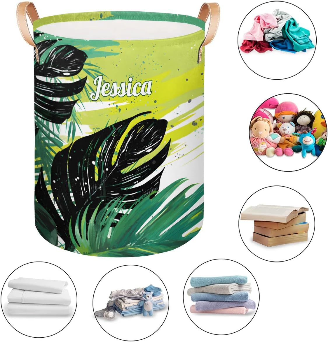 Custom-Laundry-Hamper Toy-Stronge-Basket with-Name Foldable Clothes Storage Basket with-Handle for-Kids-Girls-Boys Tropical Leaves-Laundry-Hamper Green