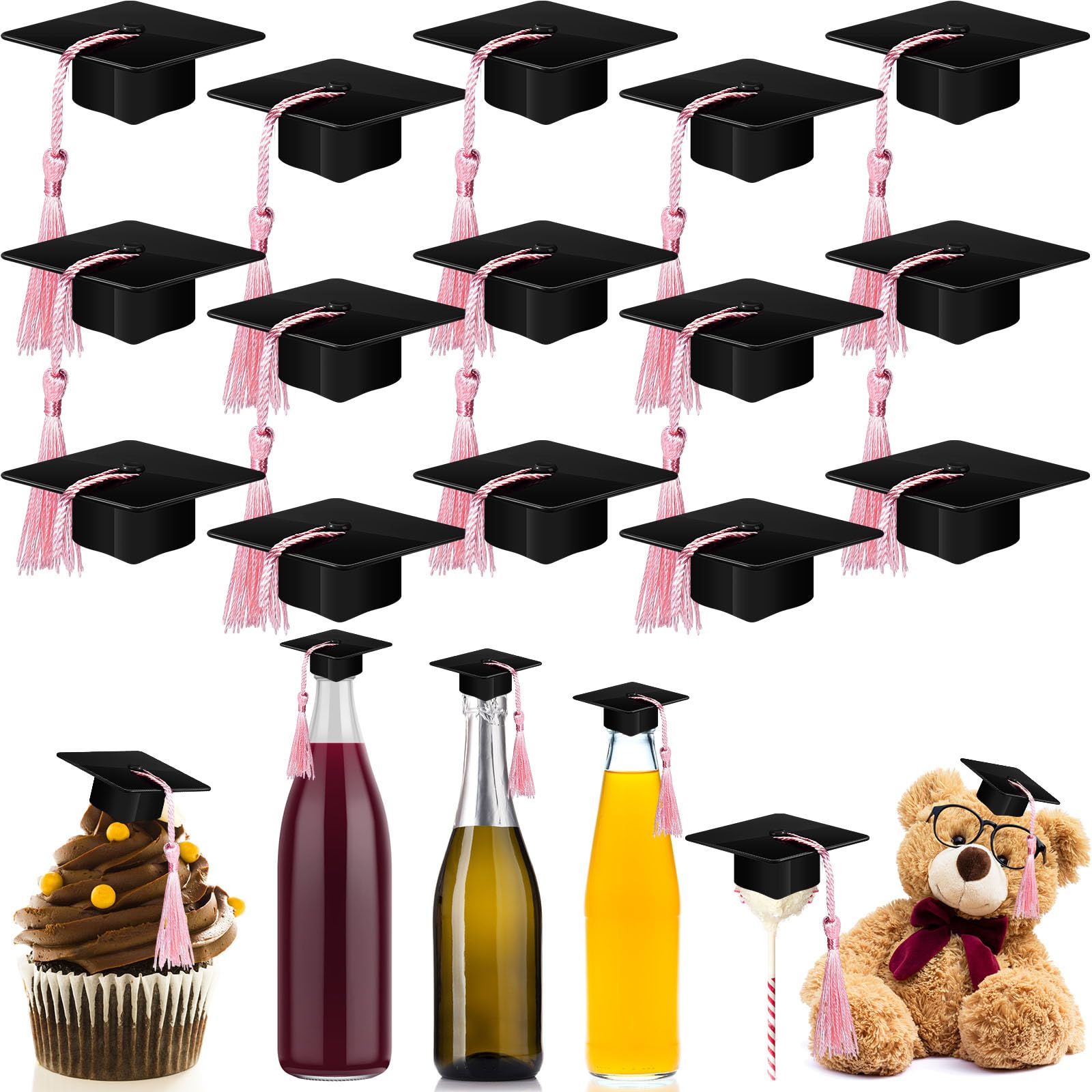 Qunclay 30 Pieces Mini Graduation Cap Black Hats with Pink Tassels Plastic Grad Cake Pops Cover Toppers for Graduation Party Decorations