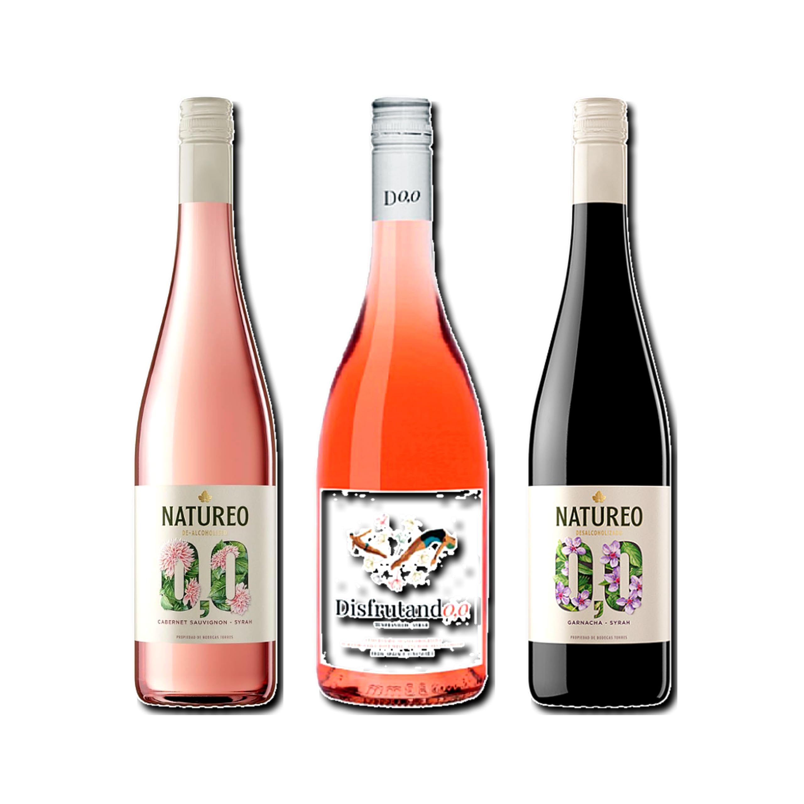 vino sin alcohol 0,0 Natureo Rosado, Disfrutando 0,0 Rosado y Natureo Tinto pack de 3 botellas 75cl