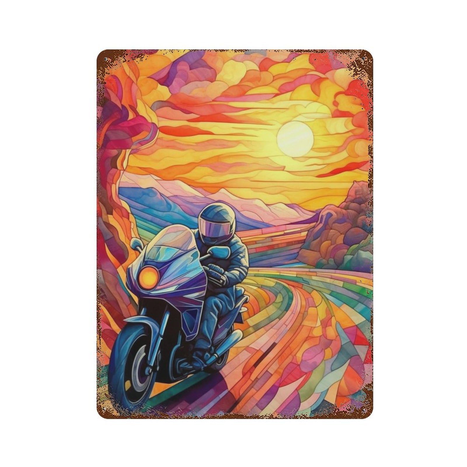 Rust Effect Stained Glass Motorcycle Sunset Rusty Metal Tin Sign 15.7"x11.8", Farmhouse Wall Decor for Cafe, Home Bar And Lounge Decor