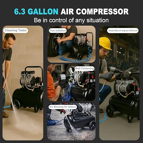 Miniatura 6 de AAIN Compresor de aire de 6.3 galones | Tanque de compresor eléctrico sin aceite de 1.5 HP 5.5-6 CFM de desplazamiento con presión máxima de 116 PSI