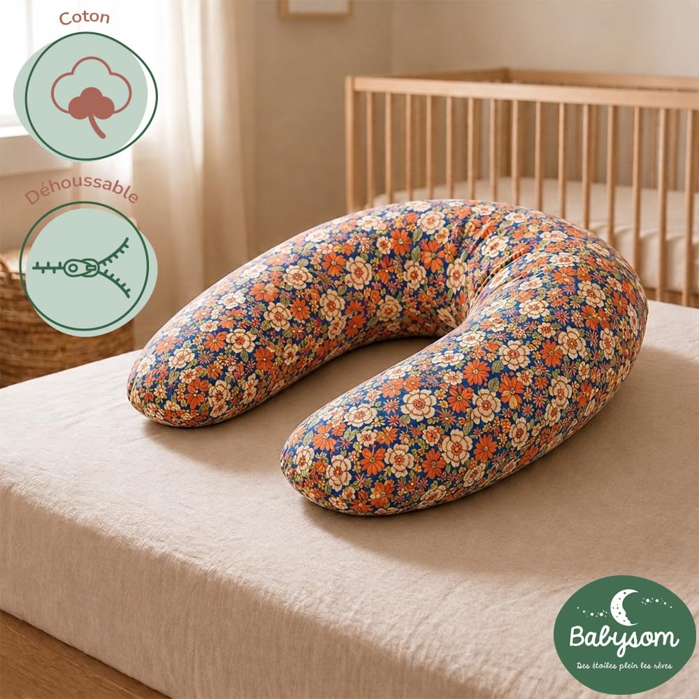 Babysom Pack Coussin de Maternité Évolutif - 2 Housses Incluses (Coton Fleur Corail & Velours Ultra-Doux) + Charlotte Cocon Bébé - Idéal Grossesse & Allaitement - Certifié Oeko-Tex - XXL 170cm