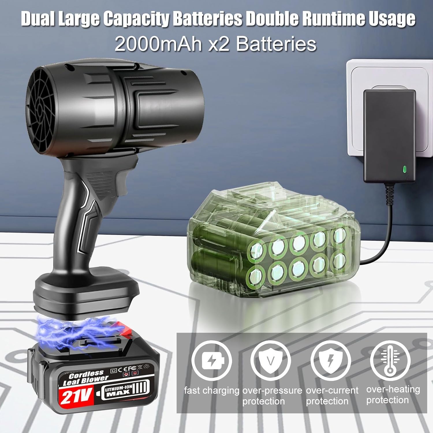 Electric Cordless Leaf Blower, 550000RPM Lightweight Handheld Dust Blower with 2 Battery & Charger, Adjustable Speed, High-Speed Motor Leaf Blowers for Lawn Care, Garage/Patio/Car Cleaning