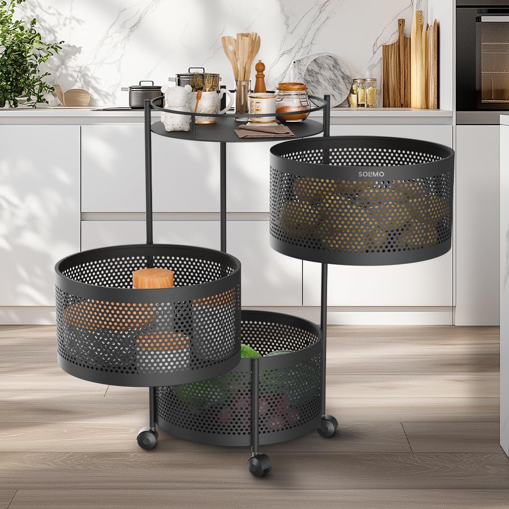Amazon Brand - Solimo Storage Rack | 3-Layer Revolving Vegetable Kitchen Rack | Round Multipurpose Storage Trolley with Wheels | Metal Fruit Storage Rack | Kitchen Cabinet Spice Rack | Black-picture-10