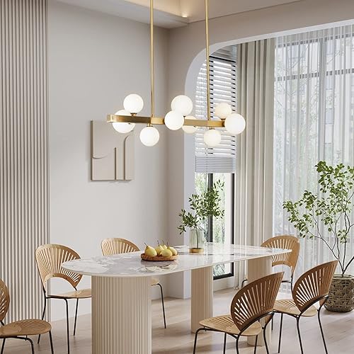 Miniatura 7 de BOKT Lámpara rectangular dorada moderna de mediados de siglo, 9 luces, globo lineal, lámpara colgante de techo, lámpara redonda de vidrio blanco