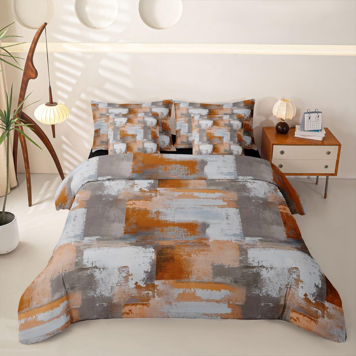 Loussiesd Set di biancheria da letto con copripiumino astratto con lenzuola, 7 pezzi, per letto singolo, motivo geometrico grigio arancione ombré, per bambini, ragazzi e ragazze, moderno, arte