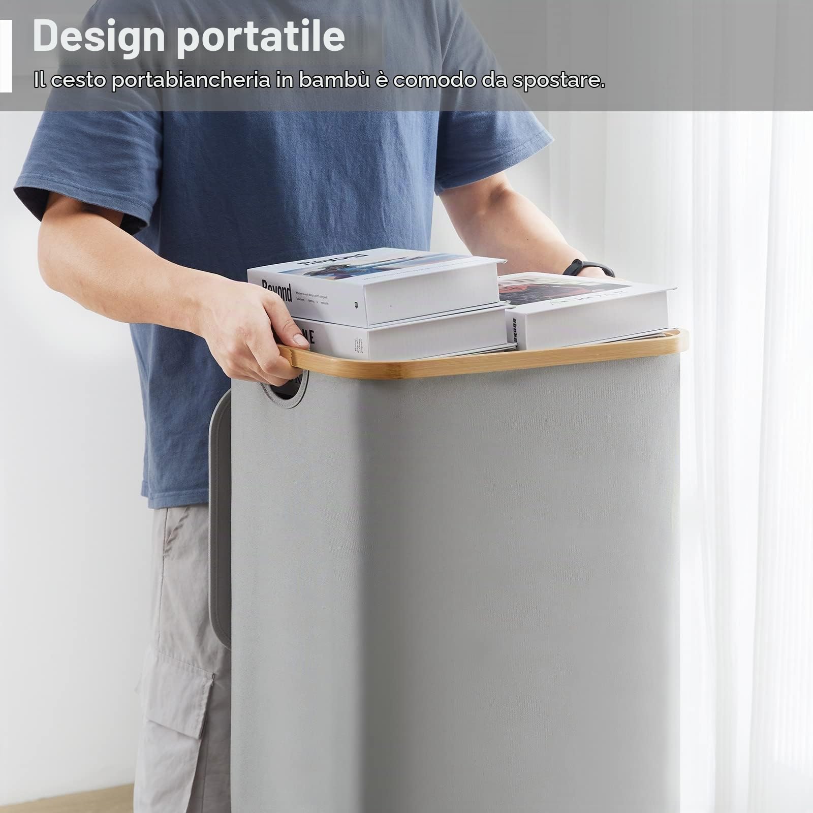 YOUDENOVA - Cesto portabiancheria con coperchio, 85 l, stretto, con sacco grande per la biancheria, pieghevole, in legno di bambù, grigio