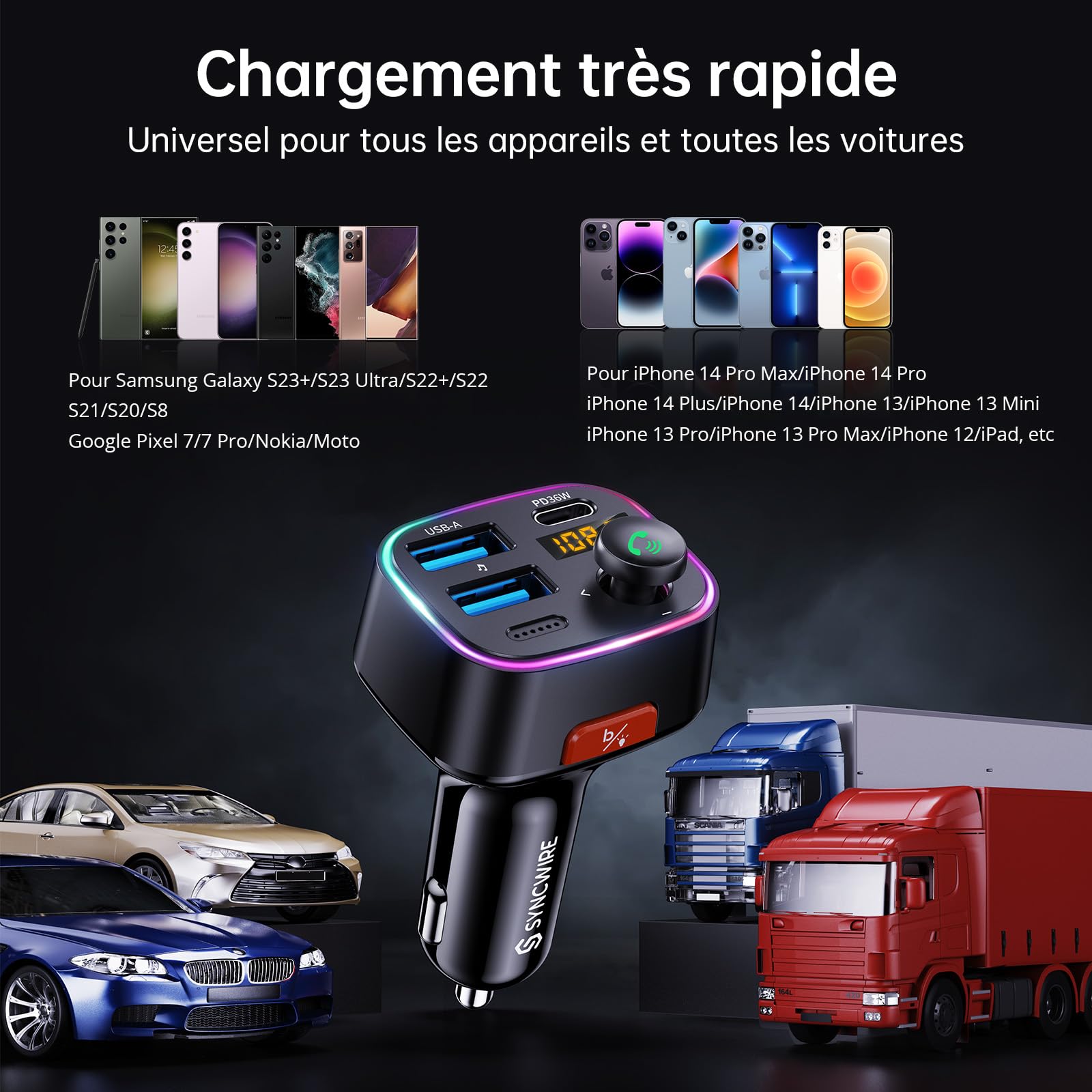SYNCWIRE Transmetteur FM Bluetooth 5.4 Voiture, 48W Max(PD 36W et 12W) Bluetooth Adaptateur de Charge Deux USB pour Voiture, Radio sans Fil, Affichage LED, Appels Mains Libres, Support Clé USB 64GB