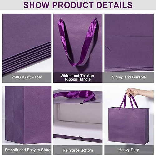 Miniatura 3 de Umoofine - Bolsa de regalo morada grande con asas de cinta, paquete de 12, 12.6 x 4.5 x 11 pulgadas, bolsa de regalo morada extragrande, bolsa de