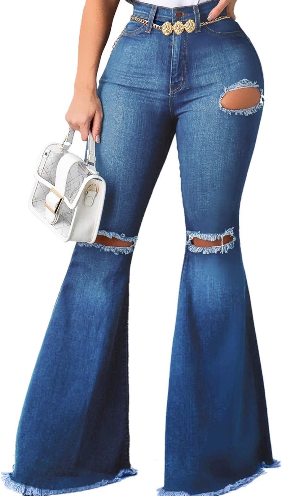 YouSexy Women's Juniors Destroyed Flare Bell Bottoms Knee Ripped High Waist Fitted Denim Jeans