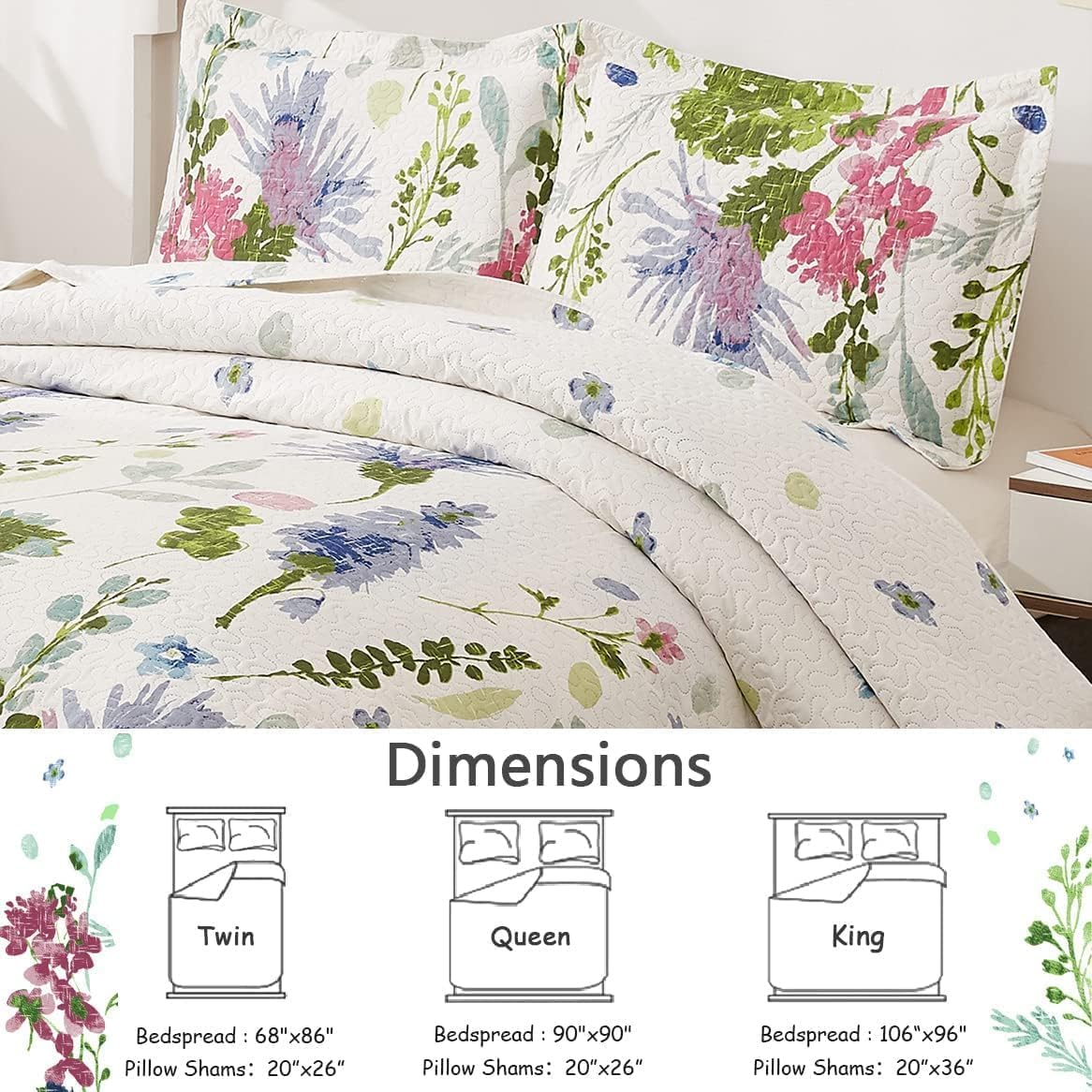 Lightweight Thin Floral Quilt Set Full/Queen Botanical Bedspread Breathable Blue Purple Green White Flower Plant Coverlet Set Garden Quilts Bed Cover Leaves Bedding with 2 Standard Random Pillow Shams