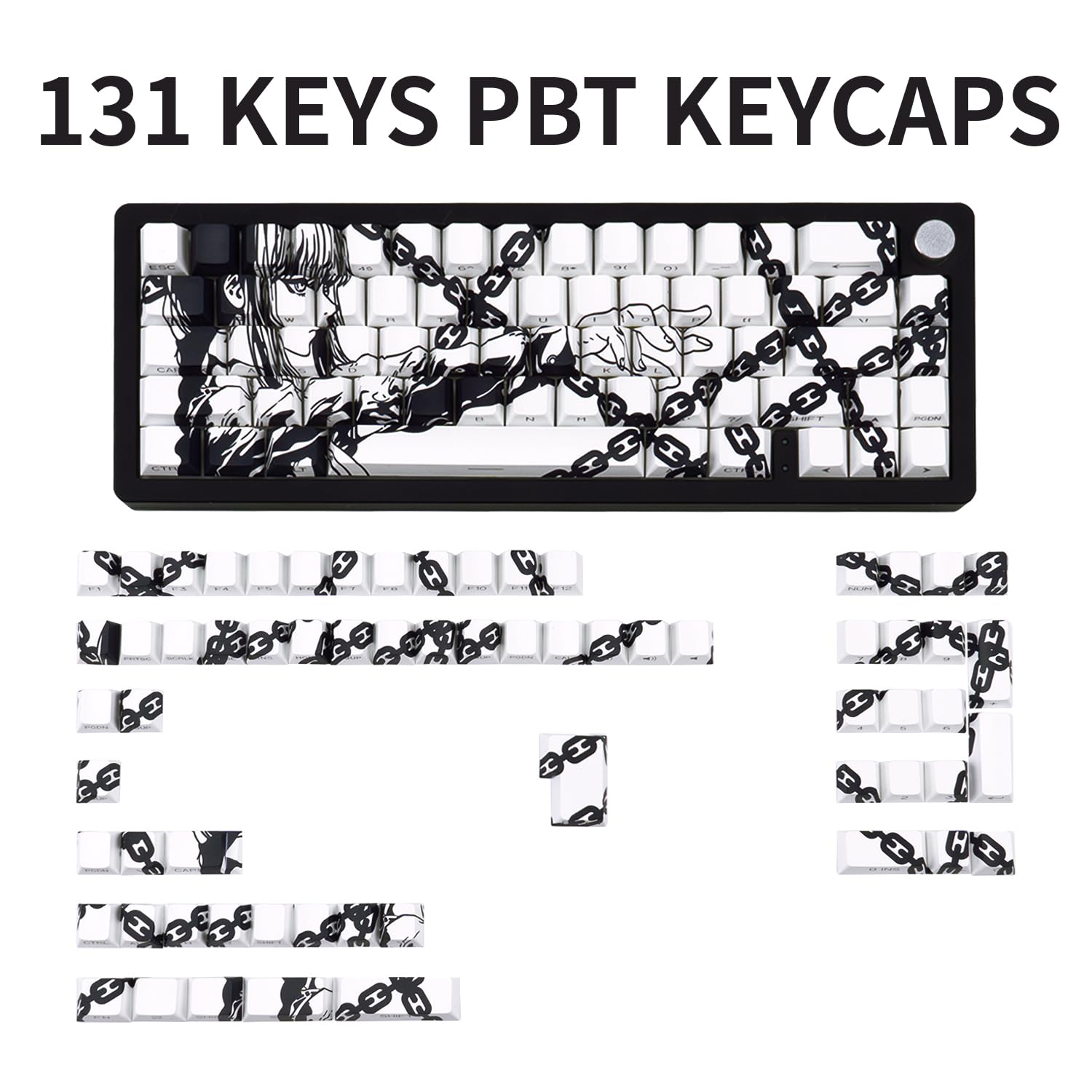 PBT Material Cherry Profile Japanische weiße Ketten Custom Shine Through Backlit Keycaps 75 Prozent 131 Key Shine-Through Side Graviert Custom Keycaps Set für mechanische Tastatur