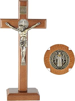 ACHIBANG Standing Crucifix, 10.7" Hand-Carved St. Benedict Catholic Cross | Hand-Carved Solid Wood, Tabletop & Wall Display, St. Benedict Medallion, Catholic Jesus Corpus, Faith Gift for Home Altar