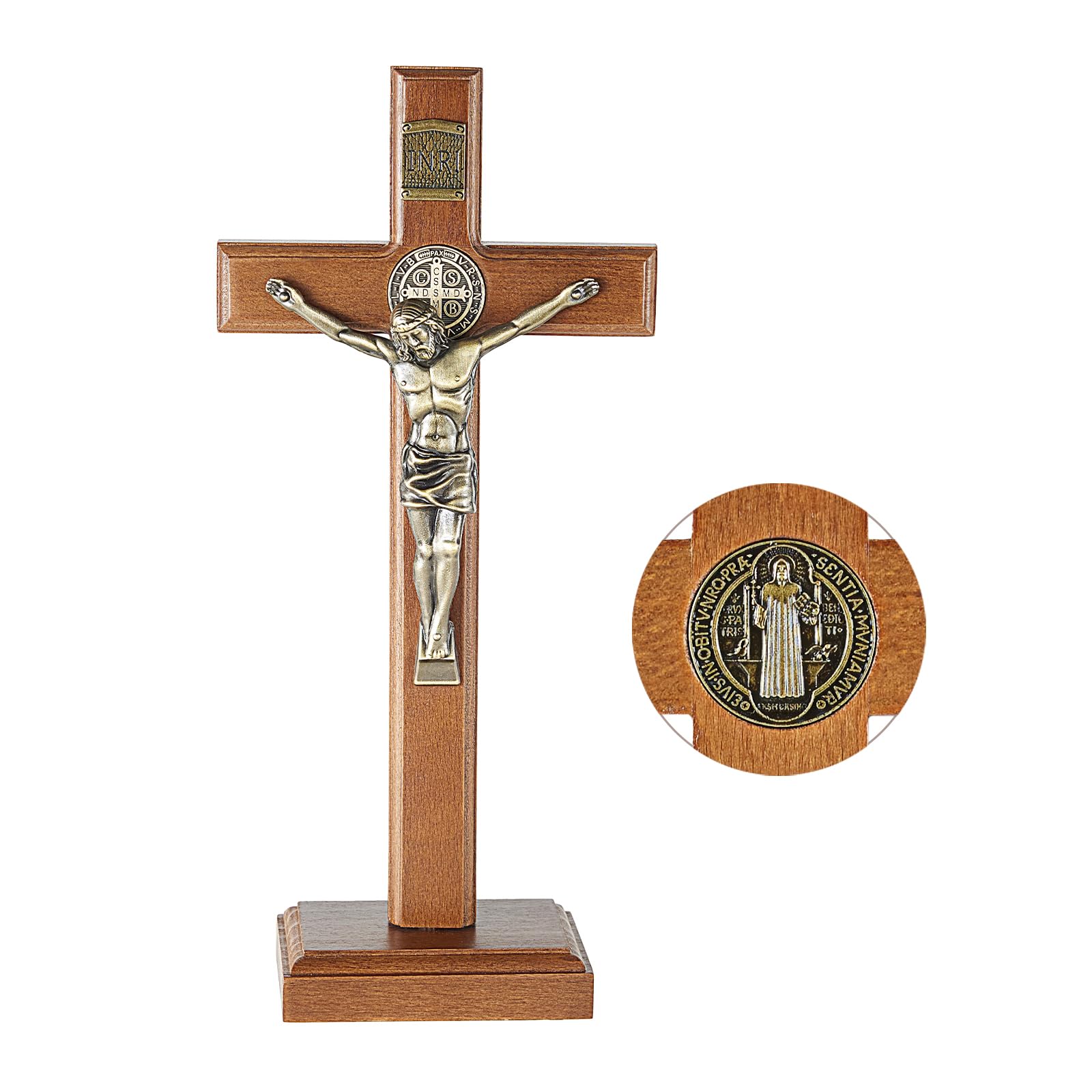 ACHIBANG 10.7" Wooden Standing Crucifix, Two-Way Catholic Jesus Cross Stand for Wall or Tabletop, Solid Faith Decor for Home