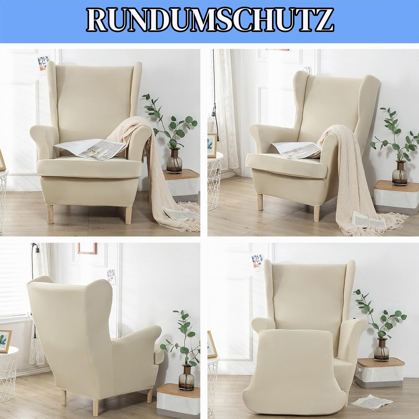 XINGYUEXUAN Ohrensessel Schonbezüge 2 Stück Stretch Flügel Stuhl Abdeckungen mit Armen Solid Farbe Flügel zurück Sessel Sofa Abdeckungen mit elastischen Boden für Wohnzimmer Schlafzimmer (beige)