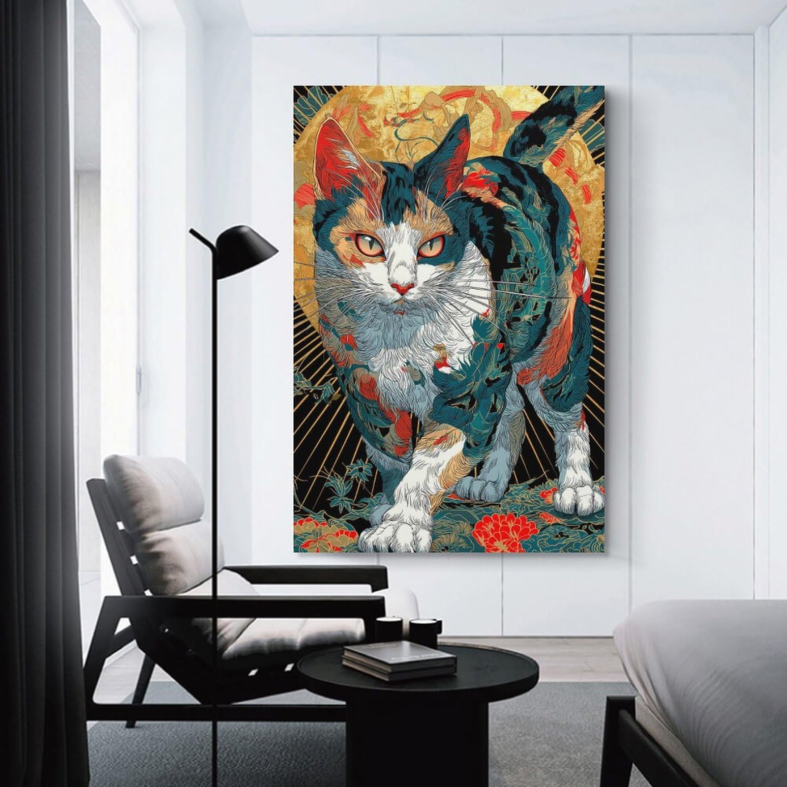 Junmoney Decorative Wall Artwork Ornate Cat Illustration, 20x30inch(50x75cm), for Lounge, Bedroom Or Personal Spaces, Gift Idea for Housewarming And Birthdays