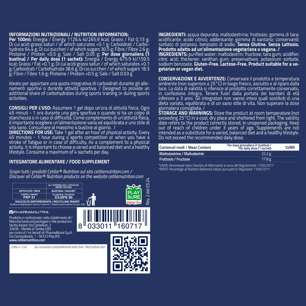 Race Carb Gel, Integratore di carboidrati (40g), rapporto tra maltodestrine e fruttosio di 1:0,8, Per Sport a media-alta intensità, 10 Gel da 60ml, Sapore agrumato, Cetilar Nutrition