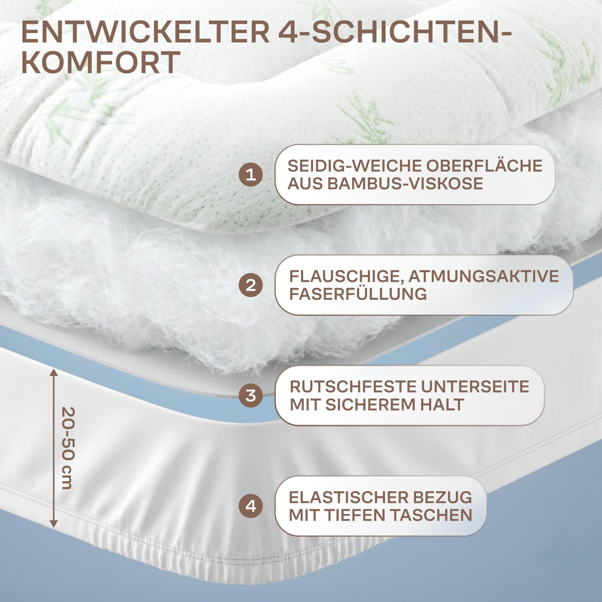Matratzen Topper für himmlischen Komfort – Ultraweicher, atmungsaktiver und kühlender Matratzenschoner aus Bambusviskose – 180 x 200 cm, Tiefe Taschenpassform