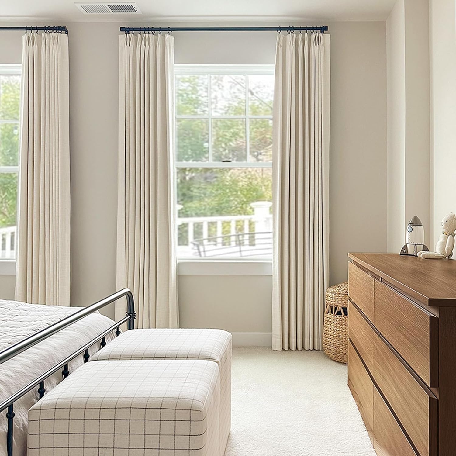 100% Blackout Shield Linen Look Textured Pinch Pleated Curtains Blackout Drapes 96 Inch Long 2 Panels Set, Faux Linen Blackout Curtains for Bedroom & Living Room, 40" W x 96" L, Cream Beige