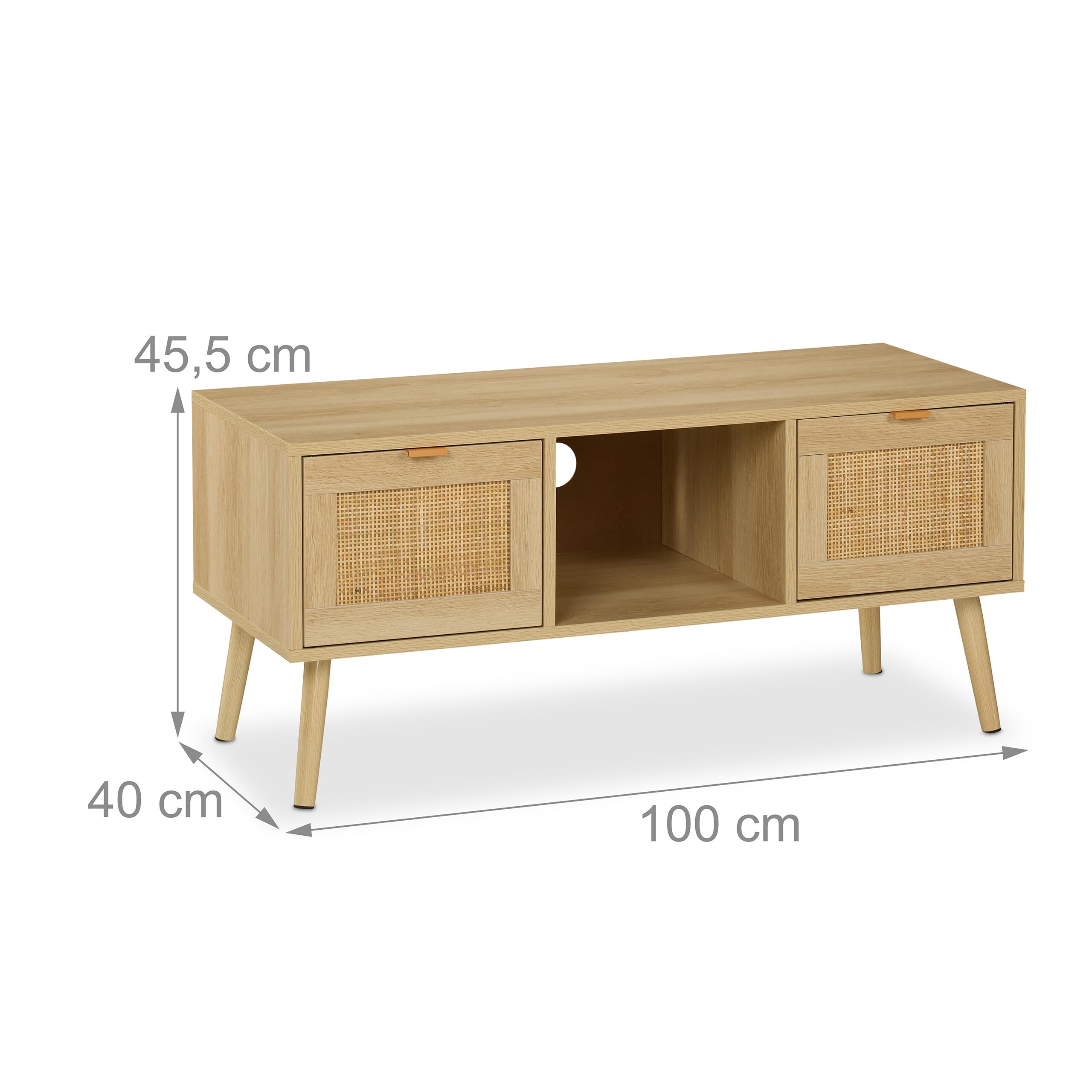 Relaxdays Mueble TV, Efecto Ratán, Mesa para Televisor hasta 43", Lowboard, 45,5 x 100 x 40 cm, Cómoda Tele, Natural