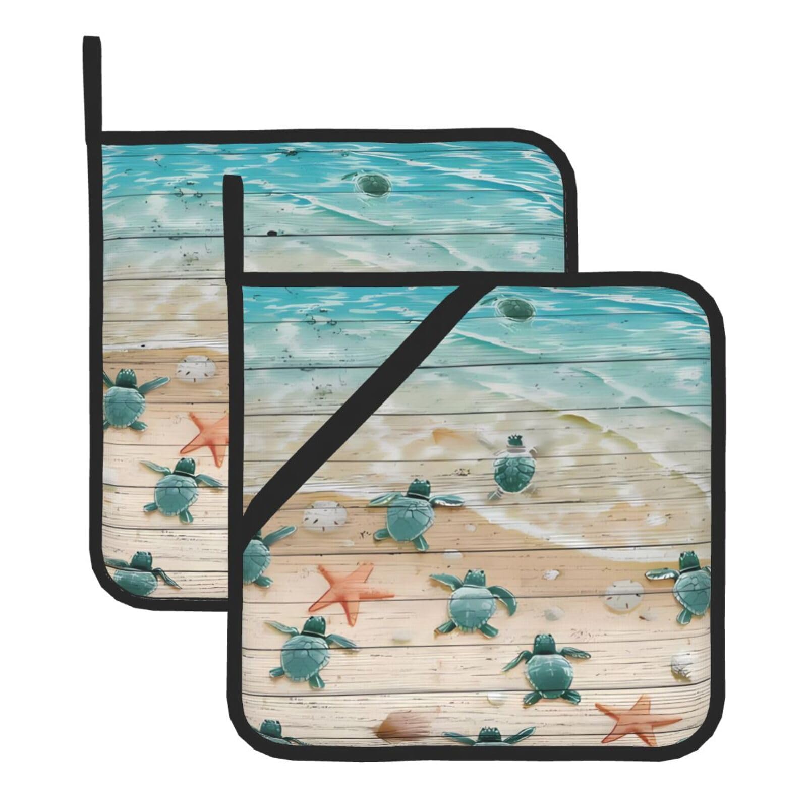 WHJSHOP Sea Turtle Starfish Prints Square Hot Pads for Kitchen Counter - Thick Heat Resistant Trivets for Microwave & Oven, BBQ Grilling Cover (2 Pack)