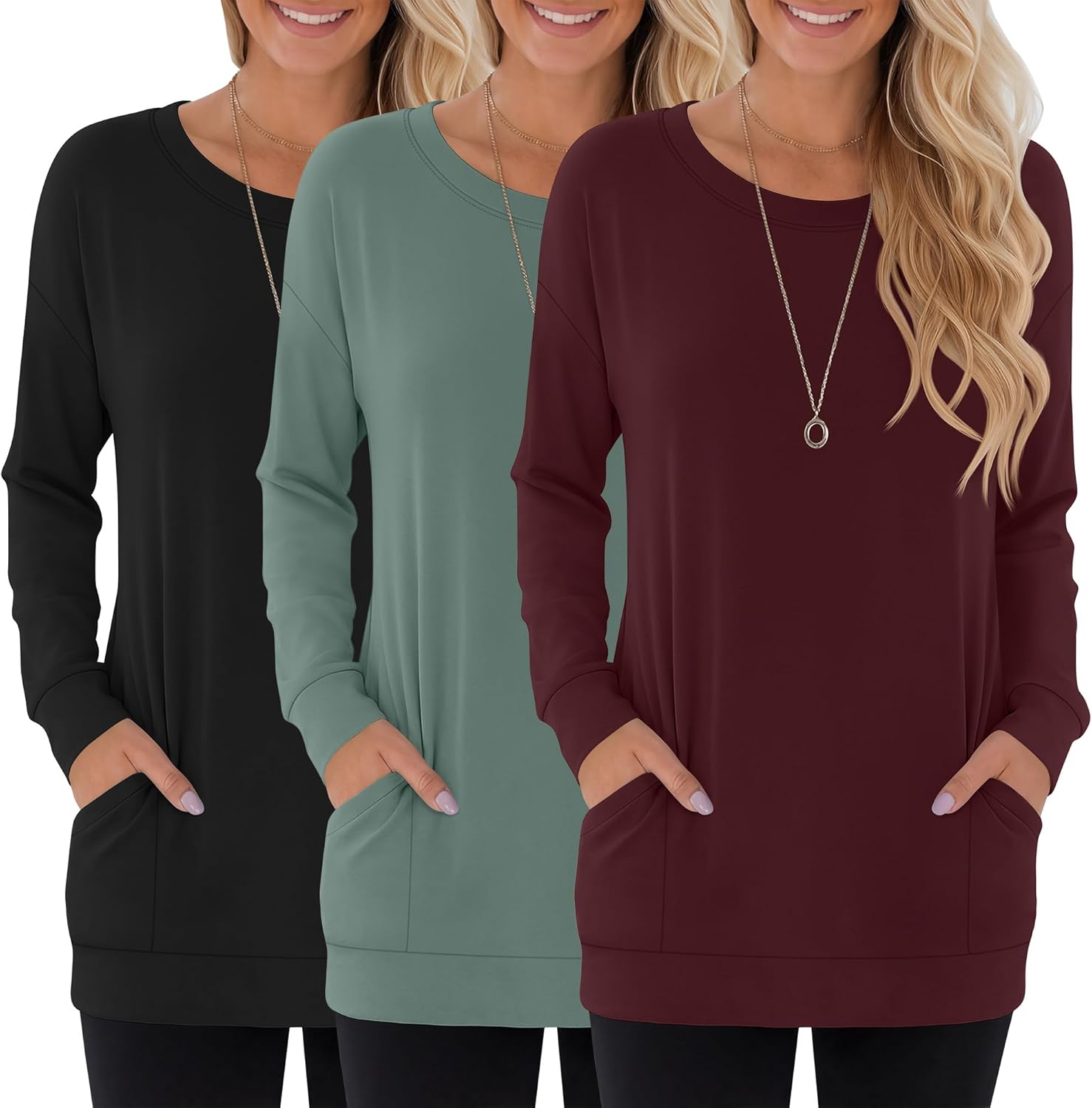 Oakgarden 3 Pack Women's Casual Long Sleeve Tops Crew Neck Pullover Tunic Tees for Leggings Loose Sweatshirts with Pockets