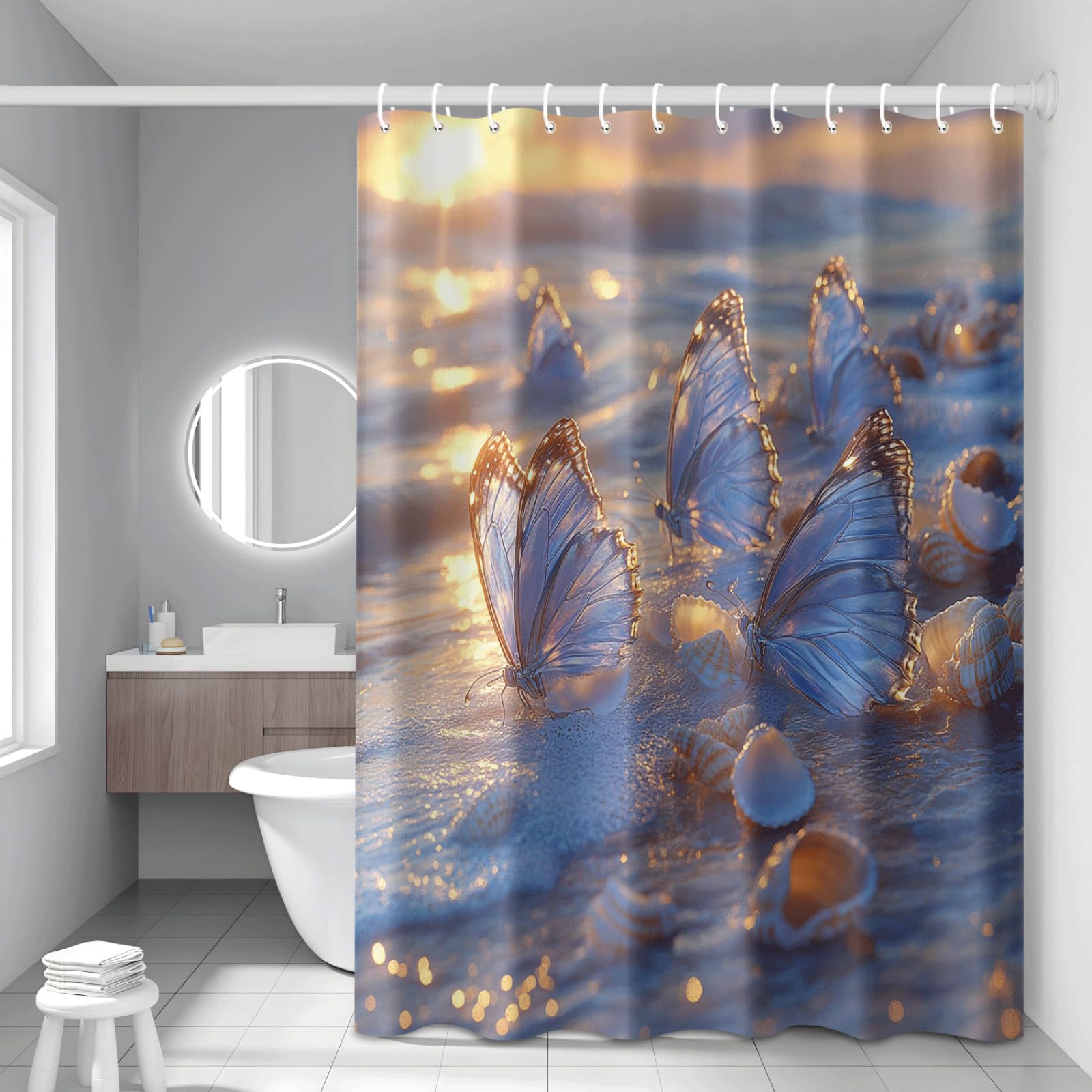 Cortina de Ducha Mariposa De Playa Púrpura Cortina Baño Antimoho Impermeable Tela Poliéster Lavable para Familiar Bañera Dormitorio Hotel Reutilizable Cortinas Ducha (180x220cm)