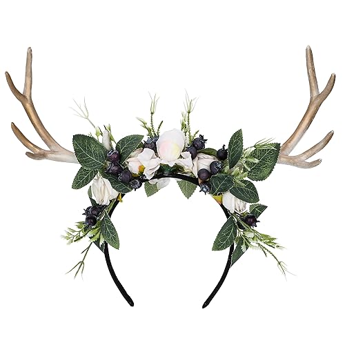 Miniatura 9 de MOSTORY Diadema hecha a mano con cuernos de flores blancas  Diadema de renos del bosque, diadema floral de bosque con cuernos de ciervo para el